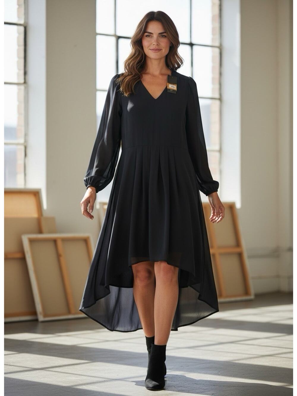 Seta T Black Midi Dress Womens Large Sheer Hem Long Sleeve NWT V Neck